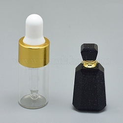 Colgantes de botella de perfume abribles de goldstone azul sintético facetado, Con Fornituras de latón y botellas de aceite esencial de vidrio, 30~40x14~18x11~14mm, agujero: 0.8 mm, capacidad de la botella de vidrio: 3 ml (0.101 fl. oz), capacidad de piedras preciosas: 1 ml (0.03 onzas líquidas)