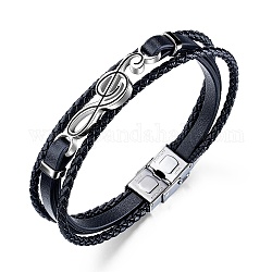 Bracelet multi-brins triple couche avec cordons tressés en cuir, bracelet à maillons en acier inoxydable avec note de musique pour homme, noir, 8-5/8 pouce (22 cm)