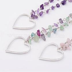 Gemstone beads Pendant Necklaces, with Silver Color Plated Alloy Hollow Heart Pendants, Mixed Color, 28.3 inch(72cm), 4~8mm
