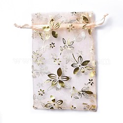 Pochettes à bijoux en organza avec cordon de serrage, sacs-cadeaux de fête de mariage, rectangle avec motif de fleurs estampé d'or, peachpuff, 15x10x0.11 cm
