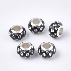 Harz europäischen Perlen, Großloch perlen, mit Strass & platinfarbenem Messing Single Core, Rondell, Schwarz, 11.5x8 mm, Bohrung: 5 mm