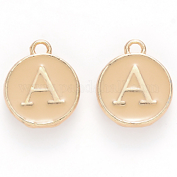 Golden Plated Alloy Enamel Charms, Cadmium Free & Lead Free, Enamelled Sequins, Flat Round with Letter, Wheat, Letter.A, 14x12x2mm, Hole: 1.5mm