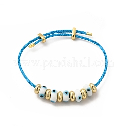 Malocchio a lume e braccialetto con perline in ottone, braccialetto regolabile in corda intrecciata in acciaio inossidabile per donna, bianco, diametro interno: 2-1/8~3-3/8 pollice (5.5~8.5 cm)