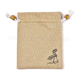 黄麻布製梱包袋ポーチ  巾着袋  木製のビーズで  ビスク  13.8~14.3x10.8~11.5cm