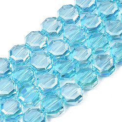 Galvanisieren transparente Glasperlen Stränge, ab Farbe plattiert, facettiert, Achteck, Himmelblau, 7~8x7~8x4 mm, Bohrung: 1.2 mm, ca. 72 Stk. / Strang, 20.47 Zoll (52 cm)