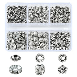 255 pièces 6 perles d'espacement en alliage de style tibétain avec strass en fer et style tibétain, rondelle & bicône & fleur & baril, argent antique, 6~8x3~6mm, Trou: 1~2.5mm