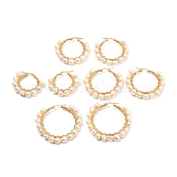 Кольцо серьги-кольца из натуральных жемчужных бусин для девочек и женщин, золотые, серый, 31~47x36~51x7~8.5 мм, штифты : 0.6 мм, 4 пара / комплект