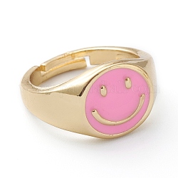 Adjustable Brass Enamel Finger Rings, Long-Lasting Plated, Smiling Face, Real 18K Gold Plated, Pink, US Size 7 1/4(17.5mm)