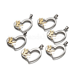 Heart with Fairy 304 Stainless Steel Grade A Rhinestone Pendants, Golden & Stainless Steel Color, 34.5x30x4mm, Hole: 5.5x9mm