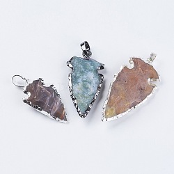 Pendentifs en pierres gemmes mélangées, avec les accessoires en laiton, flèche, 32~47x19~22x6~11mm, Trou: 5x8mm