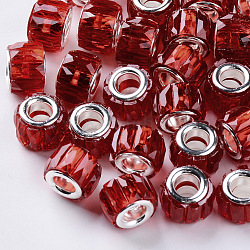 Transparenten Harz European Beads, Großloch perlen, mit silberner Farbe überzogen Messingdoppelkerne, facettiert, Kolumne, rot, 11.5x8 mm, Bohrung: 5 mm
