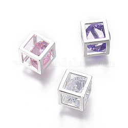 Charms zirconi, con accessori in lega, cubo, colore argento placcato, colore misto, 7.5x7.5mm