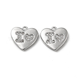 Brass Micro Pave Cubic Zirconia Pendants, Heart, Real Platinum Plated, 10x10.5x1.5mm, Hole: 1mm