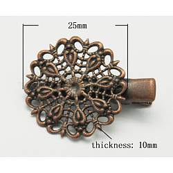 Iron Alligator Hair Clip Findings, with Brass Filigree Flower Tray, Red Copper, 35x25x10mm