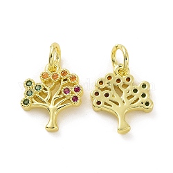 Brass Micro Pave Cubic Zirconia Charms, with Jump Ring, Tree, Real 18K Gold Plated, Colorful, 12x10x2mm, Hole: 3.2mm