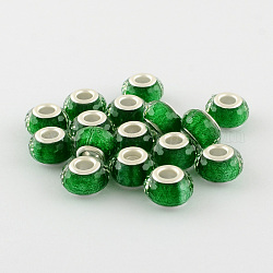 Large Hole Resin European Beads, with Silver Color Plated Brass Double Cores, Faceted Rondelle, Green, 14x9mm, Hole: 5mm