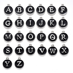 Буквица a ~ z алфавит эмалевые брелоки, плоские круглые диски двусторонние брелоки, платиновое покрытие, эмалированные подвески из сплава с пайетками, чёрные, 14x12x2 мм, отверстие : 1.5 мм, 26 шт / комплект