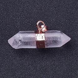 Colgantes puntiagudos de cristal de cuarzo natural doble terminado, con fornituras de latón, bala, oro rosa, 34~46x15~18mm, agujero: 5x8 mm