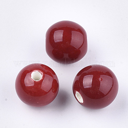 Handmade Porcelain Beads, Bright Glazed Porcelain, Round, Dark Red, 14~14.5x13.5~14mm, Hole: 2.5~3mm