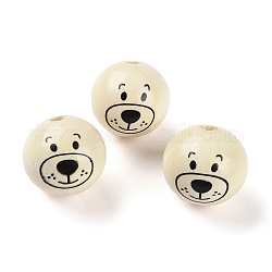 Perles européennes en bois naturel peintes à la bombe, Perles avec un grand trou   , rond avec ours imprimé, beige, 25mm, Trou: 6mm, environ 100 pcs/500 g