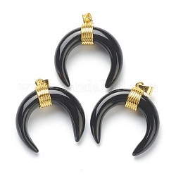 Natürlichen Obsidian Anhänger, mit goldenen Messing Zubehör, Doppelhorn / Halbmond, 31~33x30x10 mm, Bohrung: 6x4 mm