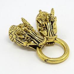 Dragon Head Alloy Spring Gate Rings, O Rings with Two Cord End Caps, Antique Golden, Mixed Color, 67x25x21mm, Hole: 8.5~9.5mm, Ring: 17mm Inner Diameter
