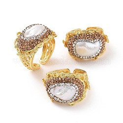 Кольцо-манжета на палец с натуральным жемчугом и стразами, золотое латунное широкое кольцо для женщин, белые, размер США 7 1/4 (17.5 мм)
