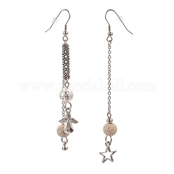 Synthetic Lava Rock Dangle Earrings, Asymmetrical Earrings, with Alloy Findings, Angel with Star, Antique Silver & Platinum, 90~95mm, Pin: 0.6mm