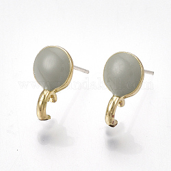Alloy Stud Earring Findings, with Raw(Unplated) Pins, Enamel and Loop, Flat Round, Light Gold, Dark Sea Green, 13x7mm, Hole: 2mm, Pin: 0.7mm