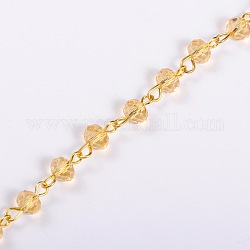 Handmade Rondelle Glass Beads Chains for Necklaces Bracelets Making, with Golden Iron Eye Pin, Unwelded, Goldenrod, 39.3 inch, Glass Beads: 6x4mm