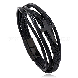 Bracelet cordon cuir multi-étoiles, bracelet à maillons croisés avec fermoir magnétique en acier inoxydable pour hommes femmes, électrophorèse noir, 8-1/4 pouce (21 cm)