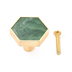 Hexagon with Marble Pattern Brass Box Handles & Knobs, with Resin Cabochons and Iron Screws, Matte Gold Color, Medium Sea Green, 29.5x34x24.5mm, Hole: 3.5mm