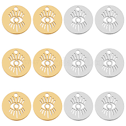 HOBBIESAY 12Pcs 2 Style 304 Stainless Steel Charms, Flat Round with Eye, Golden & Stainless Steel Color, 11.5~12x0.5~1mm, Hole: 1.4~1.5mm, 6pcs/style