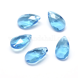 Faceted Glass Pendants, Teardrop, Sky Blue, 15x9.5x5.5mm, Hole: 1mm