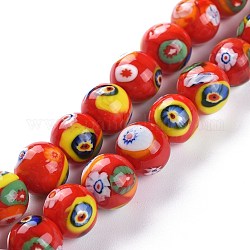 Fili di perline murano fatto a mano, tondo con motivo floreale, rosso, 12mm, Foro: 1.8 mm,circa33pcs/filo, 14.76'' (37.5 cm)