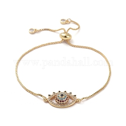 Adjustable Brass Slider Bracelets, Bolo Bracelets, with Brass Micro Pave Cubic Zirconia Links and Gift Jewelry Box, Evil Eye, Golden, 9 inch(23cm)