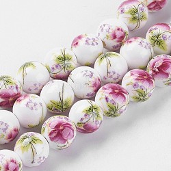 Chapelets de perles en céramique imprimées de fleurs manuelles, ronde, colorées, 10mm, Trou: 2mm, 35 pcs / chapelet, 12.9 pouce ~ 13.3 pouces (33~34 cm)