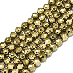 Chapelets de perles en hématite synthétique sans magnétiques, ronde, facette, véritable 18k plaqué or, 3mm, Trou: 0.8mm, Environ 120 pcs/chapelet, 15.75 pouce (40 cm)