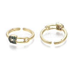 Brass Micro Pave Cubic Zirconia Cuff Rings, Open Rings, with Enamel, Safety Pin Shape, Nickel Free, Real 18K Gold Plated, Green, Size 5, Inner Diameter: 16mm