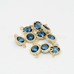 Real 18K Gold Plated Brass Glass Links Connectors, Faceted Flat Round, Cornflower Blue, 13x8x3.5mm, Hole: 1mm