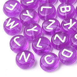 Transparent Acrylic Beads, Horizontal Hole, Mixed Letters, Flat Round, Dark Orchid, 7x4mm, Hole: 1.5mm, about 3700pcs/500g