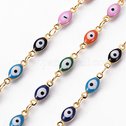 Handmade Brass Link Chains, with Enamel, Soldered, Spool, Evil Eye, Real 18K Gold Plated, Colorful, 10x4x3mm and 3.5x2.5x0.3mm, about 16.4 Feet(5m)/roll
