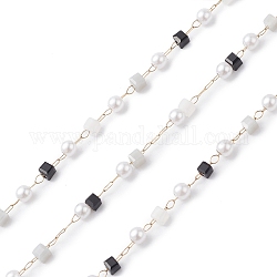 Würfelförmige und runde Perlenketten aus Glas und ABS-Imitatperlen, ungeschweißte, mit 304 Edelstahlgliederketten, golden, Schwarz, 2.5~3x2.5~3x2.5 mm