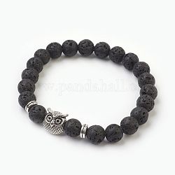 Natural Lava Rock Beads Stretch Bracelets, with Alloy Findings, Owl, Burlap Packing, Antique Silver, 2-1/8 inch(5.3cm), Bag: 12x8.5x3cm