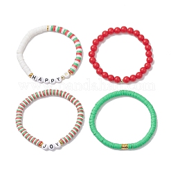 4pcs 4 style argile polymère heishi surfeur bracelets extensibles ensemble, bracelets preppy mot acrylique pour noël, couleur mixte, diamètre intérieur: 2-1/8 pouce (5.5 cm), 1pc / style