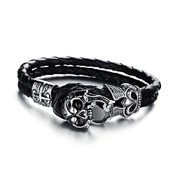 Bracelet multi-rangs double couche en cuir de vachette, bracelet gothique avec fermoir tête de mort en zircone cubique pour homme, noir, 7-7/8 pouce (20 cm)