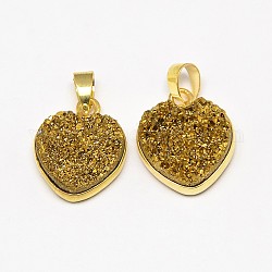 Electroplate Rough Gemstone Natural Druzy Crystal Pendants, with Brass Findings, Golden Plated, Heart, 18x15x4~8mm, Hole: 4x6mm