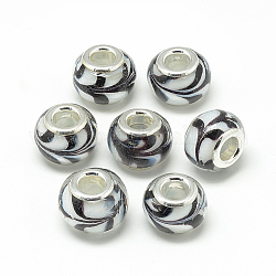 Perline murano europeo fatto a mano, con due nucleo in ottone, perline con foro grande, rondelle, colore argento placcato, bianco, 14~15x10~11mm, Foro: 5 mm