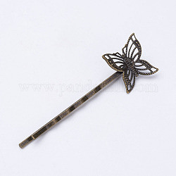 Iron Hair Bobby Pin Findings, with Brass Filigree Findings, Butterfly, Antique Bronze, Tray: 17x16mm, 60.5x2x6mm