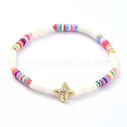 Handmade Polymer Clay Heishi Bead Stretch Bracelets, with Conch Shape Brass Clear Cubic Zirconia Beads and Round Brass Beads, PapayaWhip, 2-1/4 inch(5.7cm)
